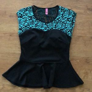 Peplum formal black and turquoise shirt